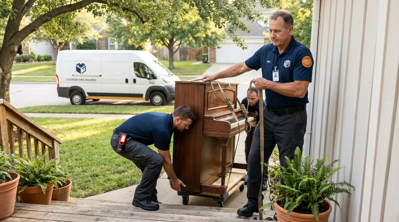 Licensed piano movers securing grand piano in Ashland, MA