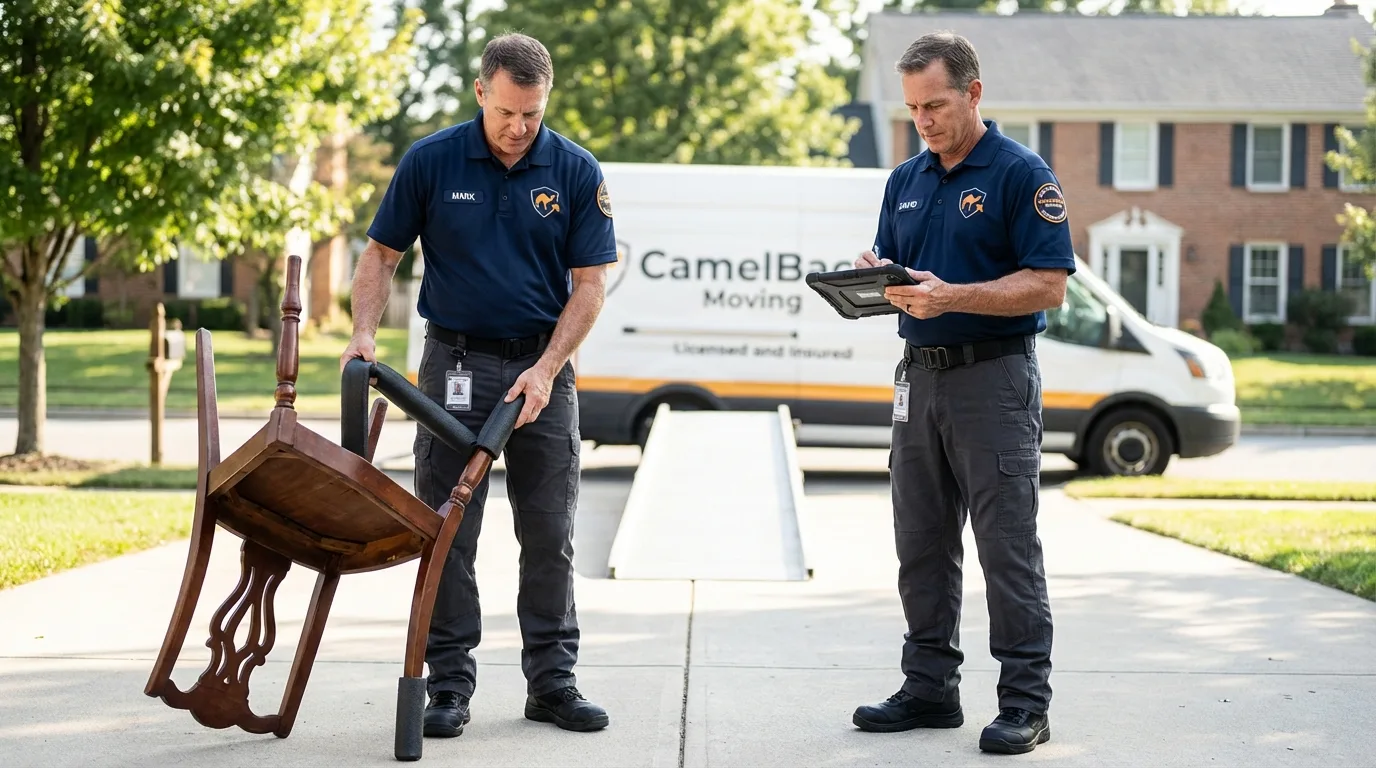 Movers inspecting furniture for damage prevention before loading in Ashland, MA