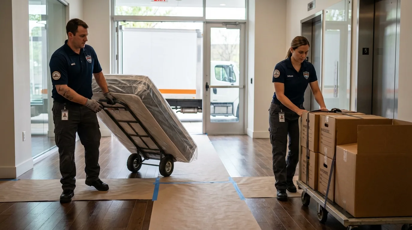 Professional apartment movers loading elevator in Ashland, MA