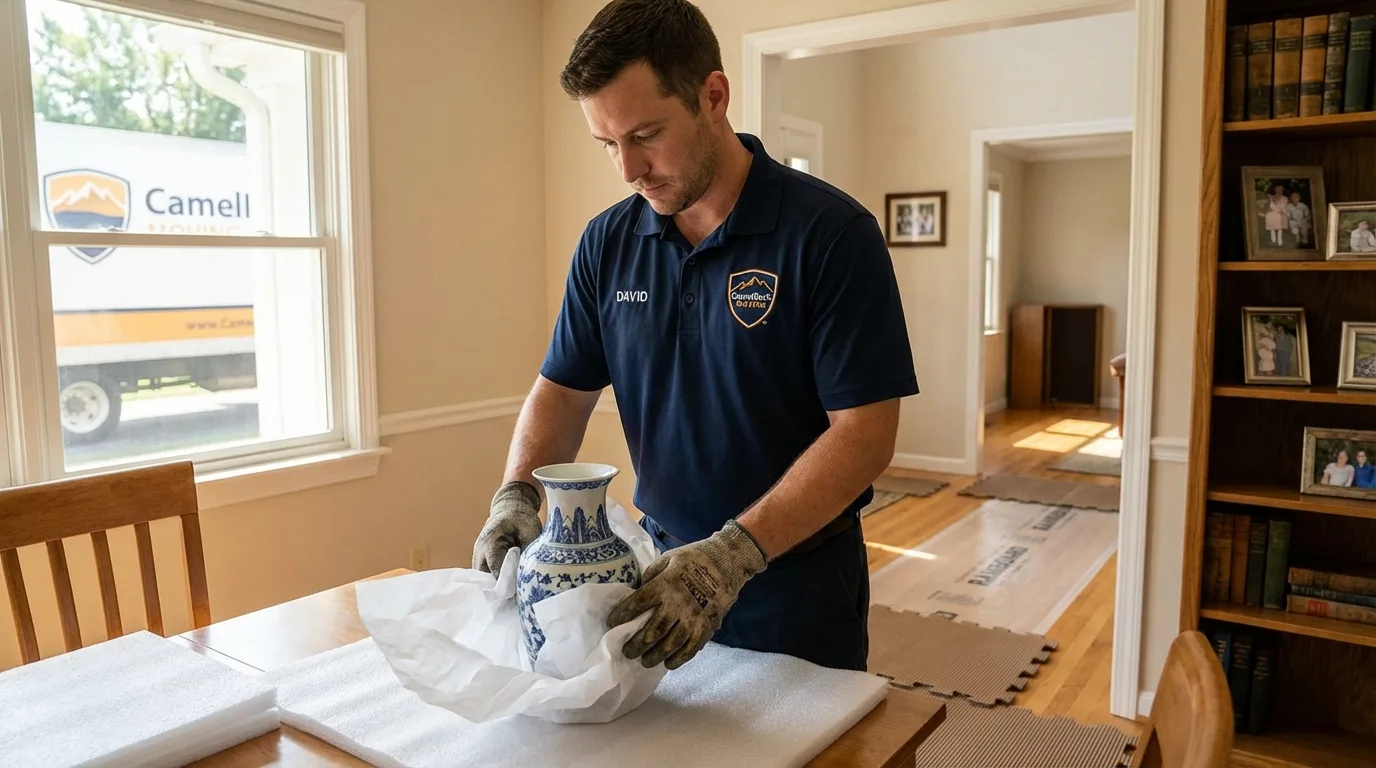 Professional crew carefully wrapping antique vase for senior downsizing move in Ashland, MA