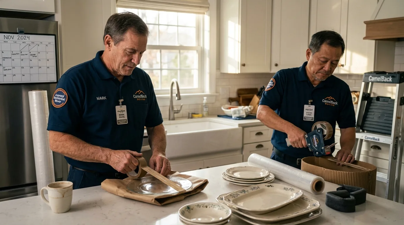 Professional crew packing kitchen dishware in Ashland, MA